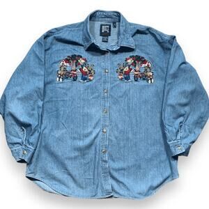 Vintage 90s Chambray Denim Shirt Embroidered Farmhouse Teddy Bears Apples Plus
